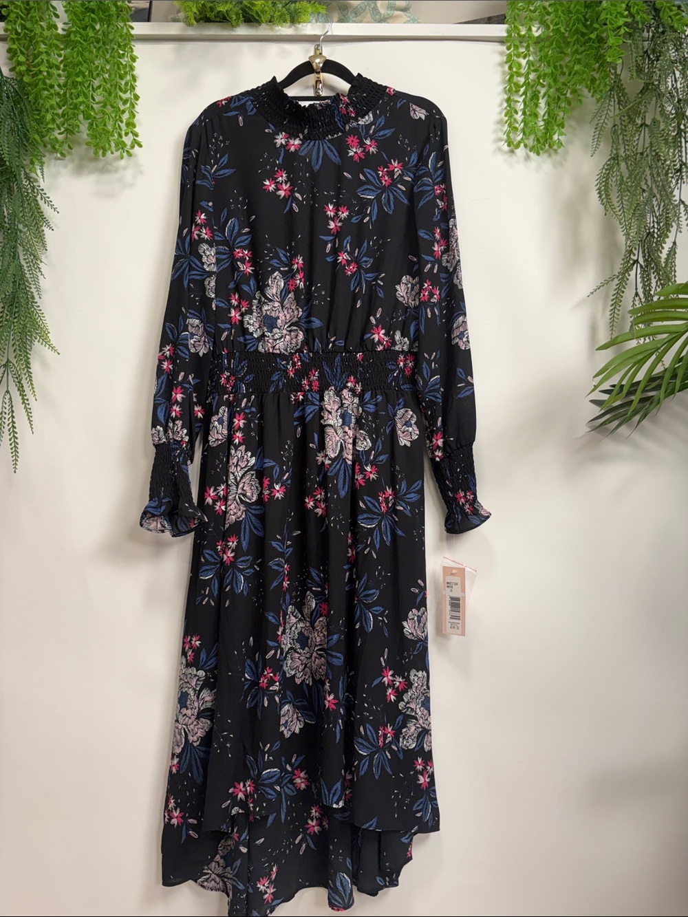 Nanette Lepore Black Floral Long Sleeve Midi Dress